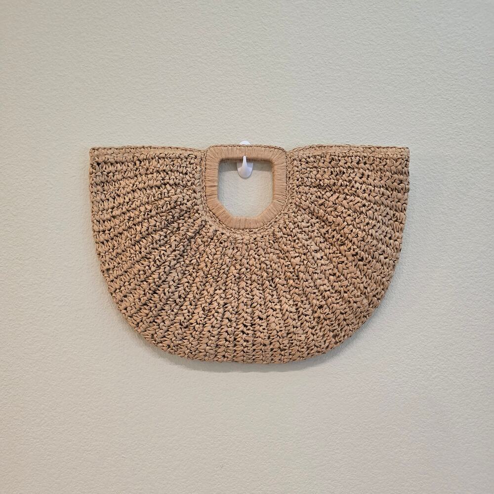 Ramla Woven Crochet Raffia Half Moon Bag Dark Tan